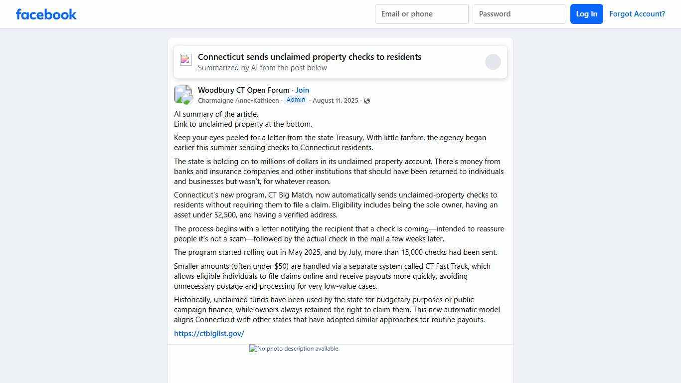 Woodbury CT Open Forum AI summary of the article Facebook